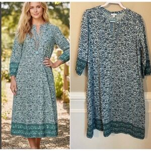 J.Jill Size M Woven Cotton Green Blue Floral Midi Border Dress